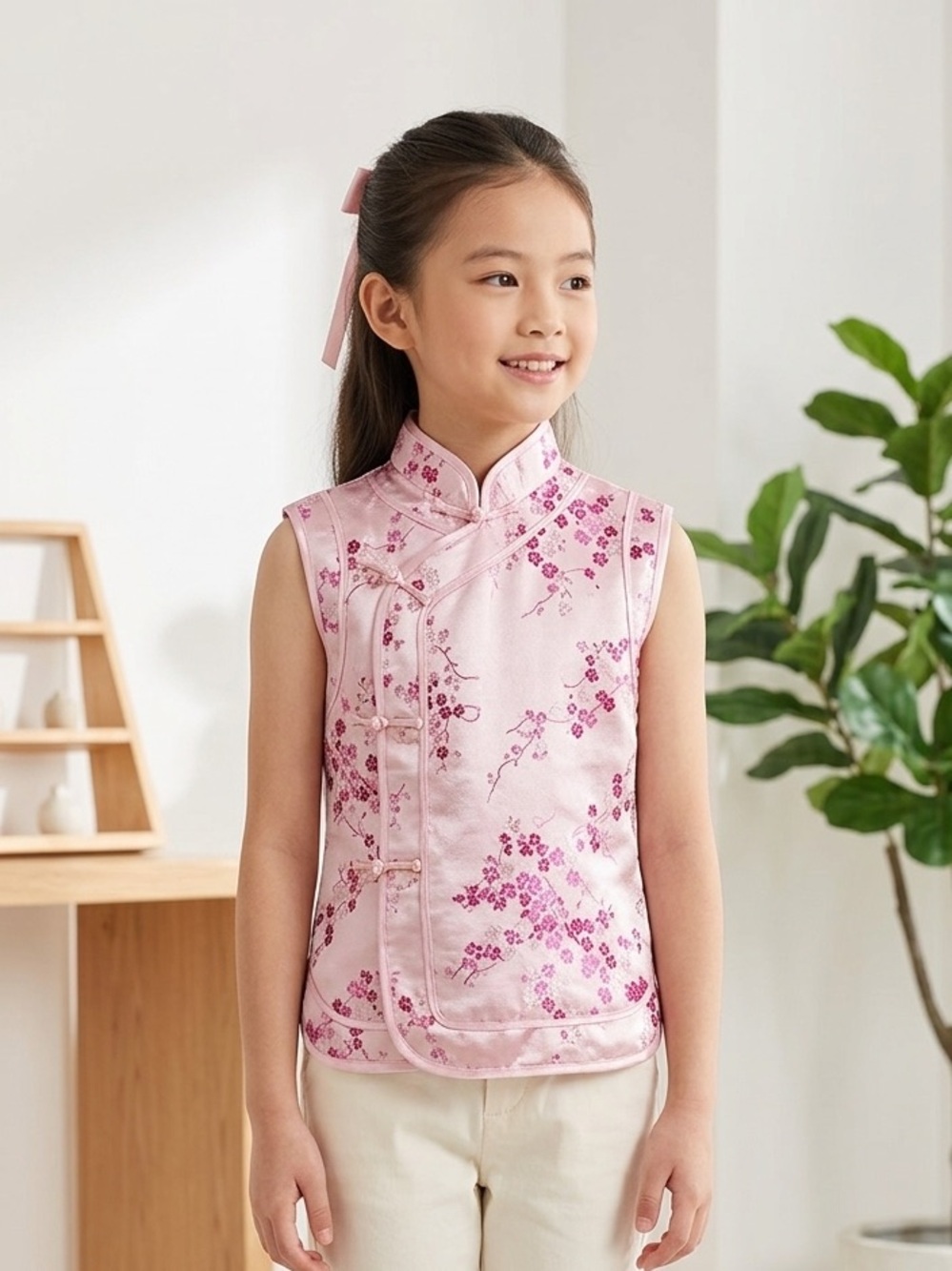 Girls Pink Sleeveless Top Pink Floral Jacquard Frog Fasteners Size Large (Kids)
